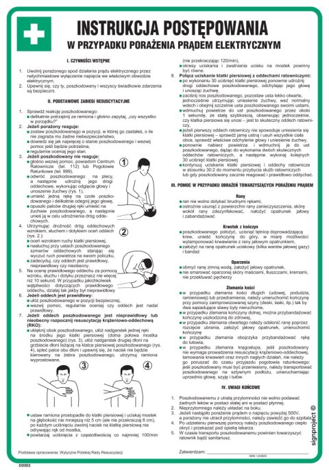 DD003 Instrukcja postępowania w wypadku porażenia prądem elektrycznym, 245x350 mm, PN - Płyta 1 mm