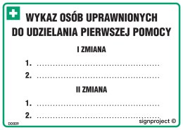 Znak DD009 Zmianowy wykaz osób uprawnionych do udzielania pierwszej pomocy, 148x105 mm, PN - Płyta 1 mm