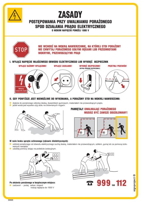 Znak DD020 Zasady postępow.przy uwalnianiu porażonego spod działania prądu elektr. o niskim napięciu poniżej 10, 245x350 mm, FN 