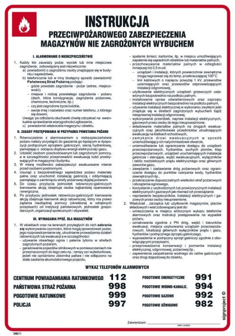 DB011 Instrukcja przeciwpożarowego zabezpieczenia magazynów nie zagrożonych wybuchem, 245x350 mm, PN - Płyta 1 mm