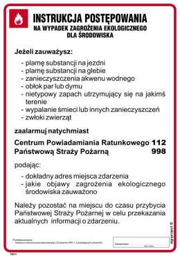 DB019 Instrukcja postępowania w razie zagrożeń ekologicznych, 245x350 mm, FN - Folia samoprzylepna