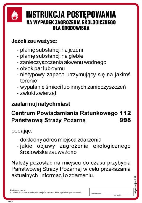 DB019 Instrukcja postępowania w razie zagrożeń ekologicznych, 245x350 mm, PN - Płyta 1 mm