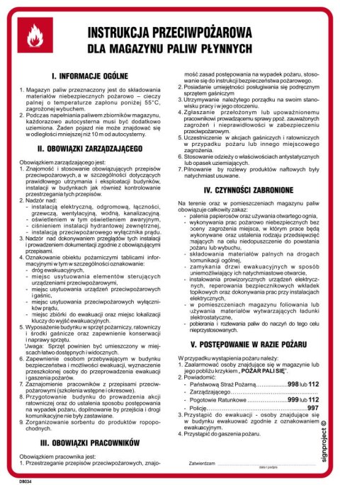 DB034 Instrukcja przeciwpożarowa dla magazynu paliw płynnych, 245x350 mm, PN - Płyta 1 mm