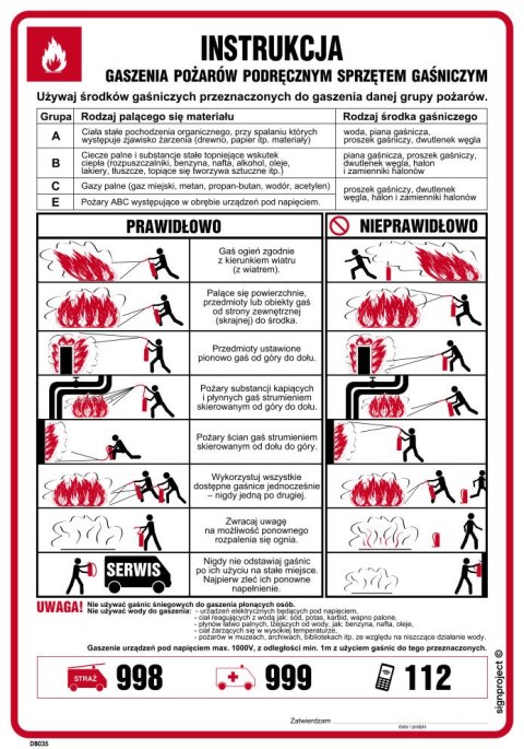 DB035 Instrukcja gaszenia pożarów podręcznym sprzętem gaśniczym, 245x350 mm, FN - Folia samoprzylepna