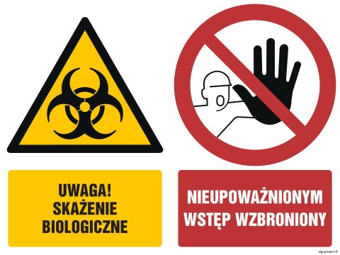 Znak GM013 Uwaga skażenie biologiczne Nieupoważnionym wstęp wzbroniony, 100x75 mm, PN - Płyta 1 mm