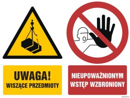 Znak GM015 Uwaga wiszące przedmioty Nieupoważnionym wstęp wzbroniony, 100x75 mm, PS - Płyta 1 mm fotoluminescencyjna