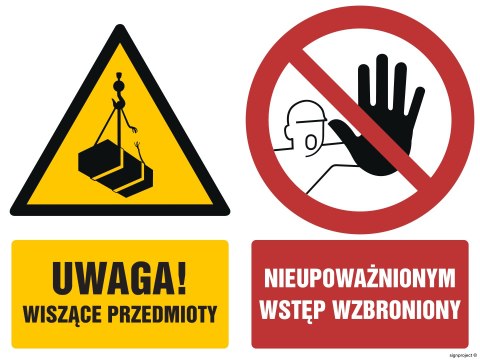 Znak GM015 Uwaga wiszące przedmioty Nieupoważnionym wstęp wzbroniony, 600x450 mm, PS - Płyta 1 mm fotoluminescencyjna