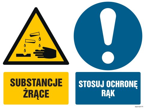 Znak GM020 Substancje żrące Stosuj ochronę rąk, 200x150 mm, FS - Folia samoprzylepna fotoluminescencyjna