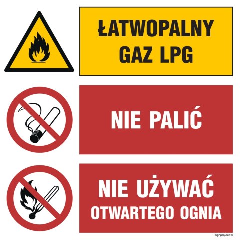 Znak GO002 Łatwopalny gaz LPG Nie palić Nie używać otwartego ognia, 1050x1050 mm, PN - Płyta 1 mm