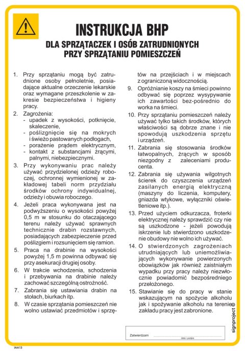 IAA13 Instrukcja BHP dla sprzątaczek i osób zatrudnionych przy sprzątaniu, 245x350 mm, PN - Płyta 1 mm