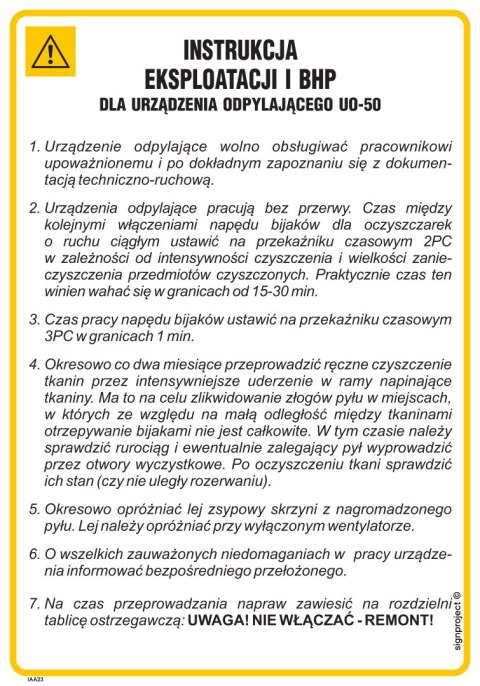 IAA23 Instrukcja eksploatacji i BHP dla urządzenia odpylającego UO-51, 245x350 mm, HN - Płyta TD-flex 0,4mm