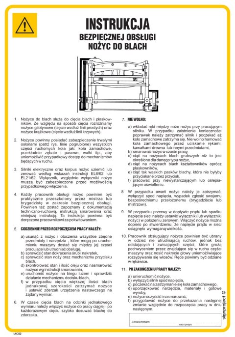 IAC02 Instrukcja bezpiecznej obsługi nożyc mechanicznych do blach, 245x350 mm, HN - Płyta TD-flex 0,4mm