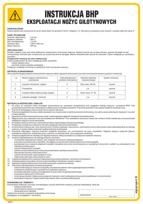 IAC11 Instrukcja BHP eksploatacji nożyc gilotynowych, 245x350 mm, FN - Folia samoprzylepna