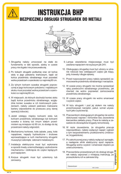 IAC14 Instrukcja BHP bezpiecznej obsługi strugarek do metali, 245x350 mm, FN - Folia samoprzylepna