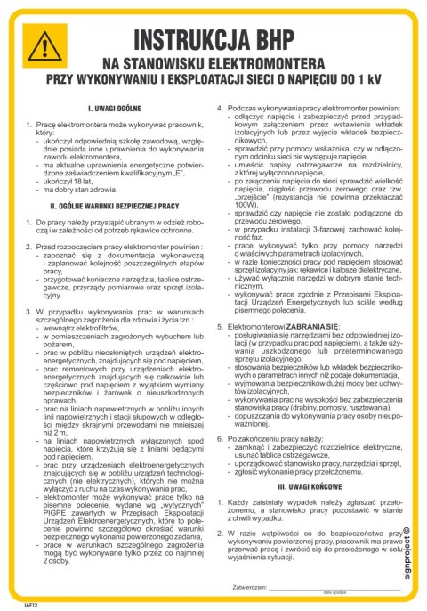 IAF12 Instrukcja BHP na stanowisku elektromontera przy wykonywaniu i eksploatacji sieci o napięciu 1 kV, 245x350 mm, FN - F