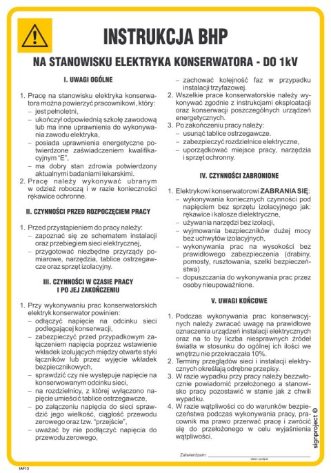 IAF13 Instrukcja BHP na stanowisku elektryka konserwatora do 1kV, 245x350 mm, PN - Płyta 1 mm