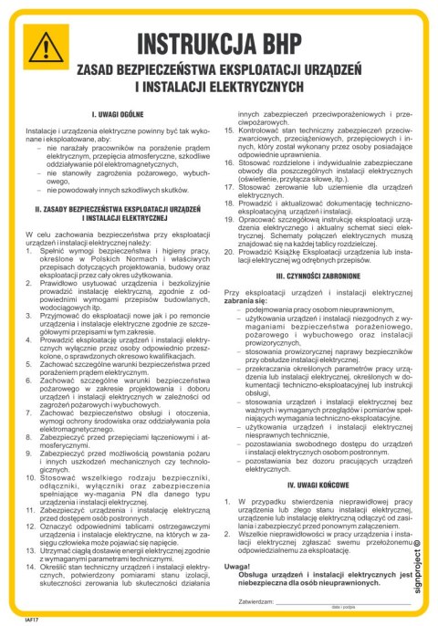 IAF17 Instrukcja ogólna zasad bezpieczeństwa eksploatacji urządzeń i instalacji elektrycznych, 245x350 mm, PN - Płyta 1 mm