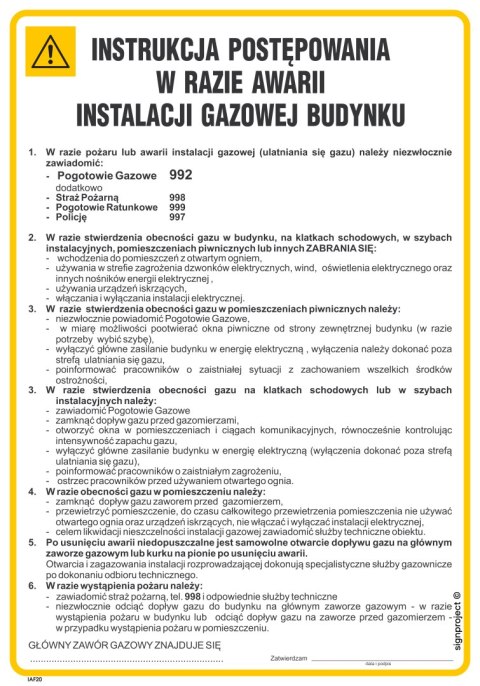 IAF20 Instrukcja BHP postępowania w razie awarii instalacji gazowej budynku, 245x350 mm, PN - Płyta 1 mm