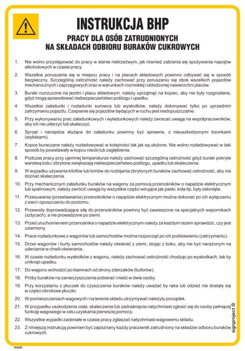 IAG42 Instrukcja BHP dla osób zatrudnionych na składach odbioru buraków cukrowych, 245x350 mm, PN - Płyta 1 mm