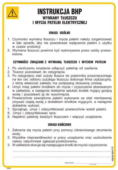 IAG58 Instrukcja BHP wymiany tłuszczu i mycia patelni elektrycznej, 245x350 mm, FN - Folia samoprzylepna