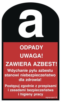 Znak LC004 Uwaga! Zawiera azbest - arkusz 6 naklejek, 60x100 mm, FN - Folia samoprzylepna